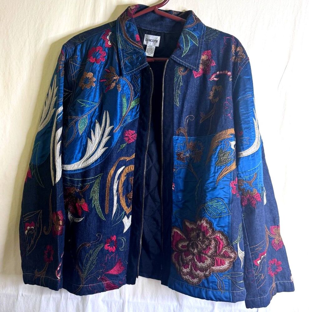 Chico's Vintage Floral Embroidered Zip-Front Art-to-Wear Jacket Size 2(L- SZ 12)